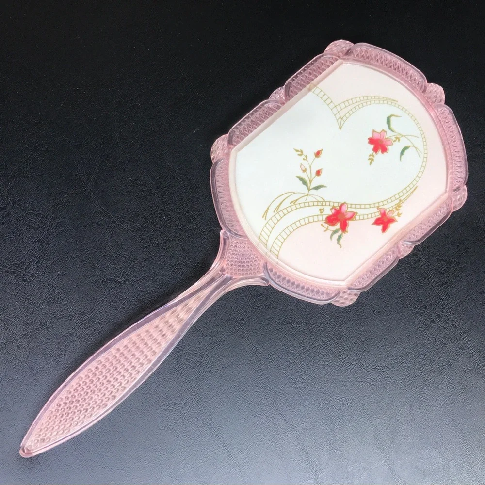 Vintage Celluloid Floral Mirror Vanity Handled Dainty Pretty Flower Mirror Pink